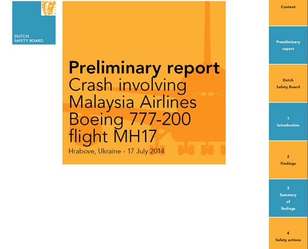 Malaysia Airlines MH17:   Dutch Safety Board assigned by Ukraine released preliminary report indicating plan was hit by numerous objects