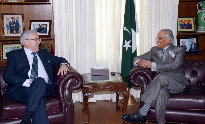 THE OUTGOING AMBASSADOR OF ROMANIA, H.E. EMILIAN ION PAID A FAREWELL CALL ON THE SPECIAL ASSISTANT TO THE PRIME MINISTER ON FOREIGN AFFAIRS SYED TARIQ FATEMI IN ISLAMABAD ON JUNE 6, 2016.