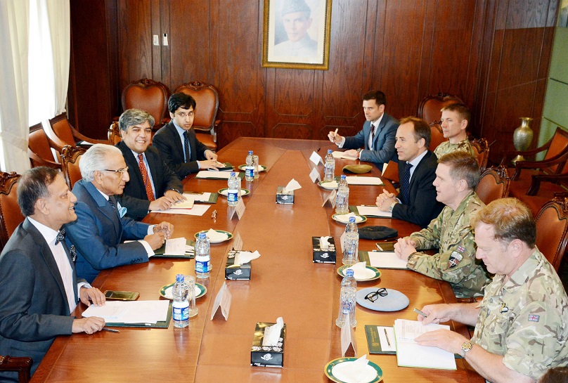 Special Assistant to The Prime Minister on Foreign Affairs Syed Tariq Fatemi in a meeting with the British Deputy Commander Operation Resolute Support Lt General Sandy Storrie in Islamabad on July 13, 2016.