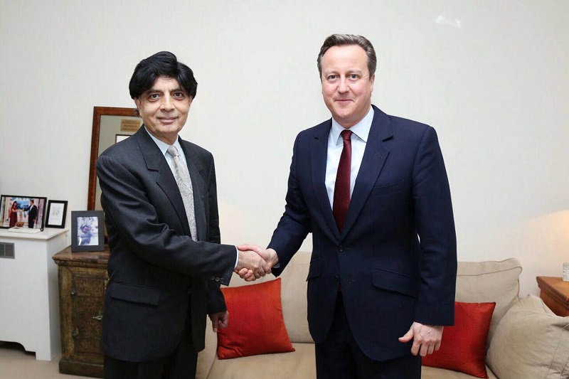 INTERIOR MINISTER, CH. NISAR ALI KHAN AND FORMER PRIME MINISTER OF UNITED KINGDOM, DAVID CAMERON SHAKING HANDS BEFORE THEIR MEETING IN LONDON.