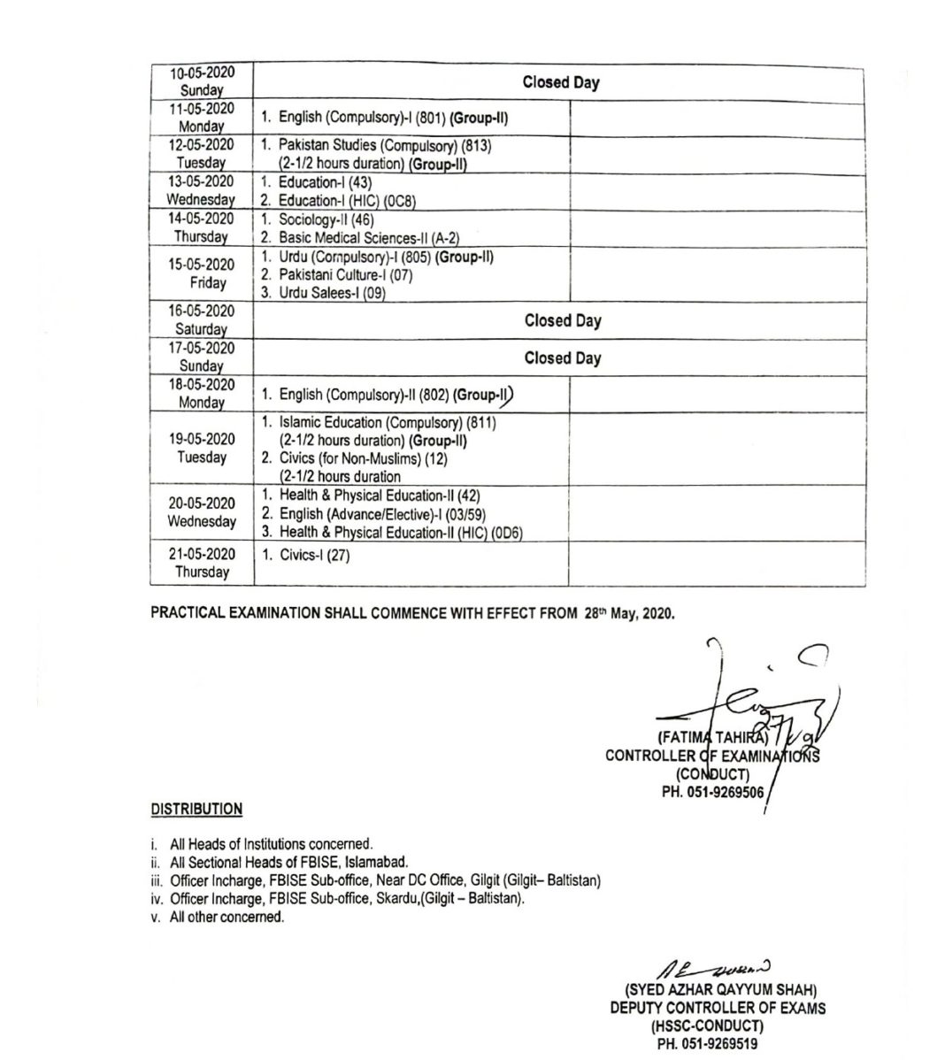 Date Sheet For Fbise Hssc Annual Examination