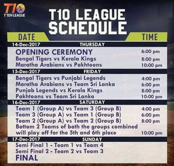 T10 League 2017 Schedule and Broadcasting TV Channels