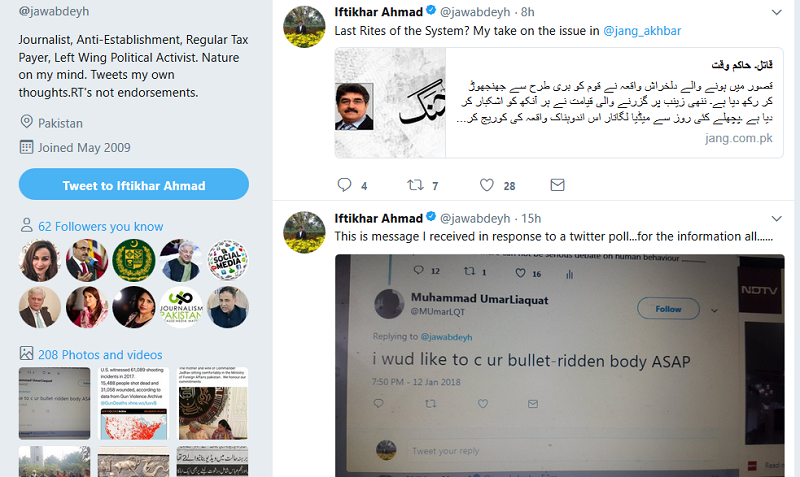 Senior journalist and anchorperson Iftikhar Ahmad receives life threats