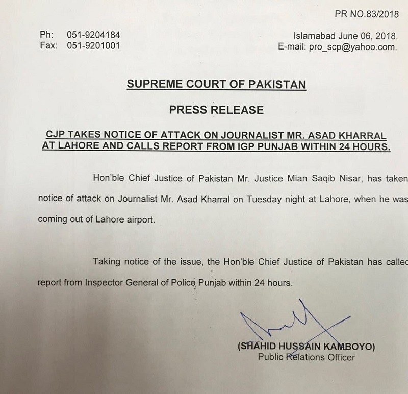 Chief Justice takes notice of attack on Asad Kharal