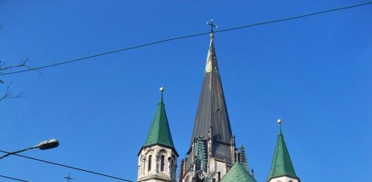 The Church of Saints Olha and Elizabeth is situated between the main Railway station and the Old Town of Lviv.