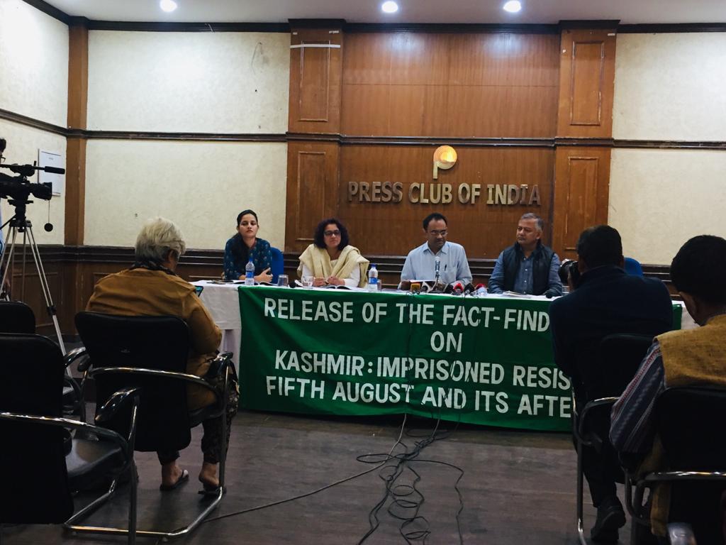 Press conference and release of the report of the All India Fact Finding team that visited Jammu & Kashmir and investigated into abuses, lockdown and siege and the civil defiance. Gautam Mody, Dr. Amit Sen, Adv. Veena Gowda and.jpg