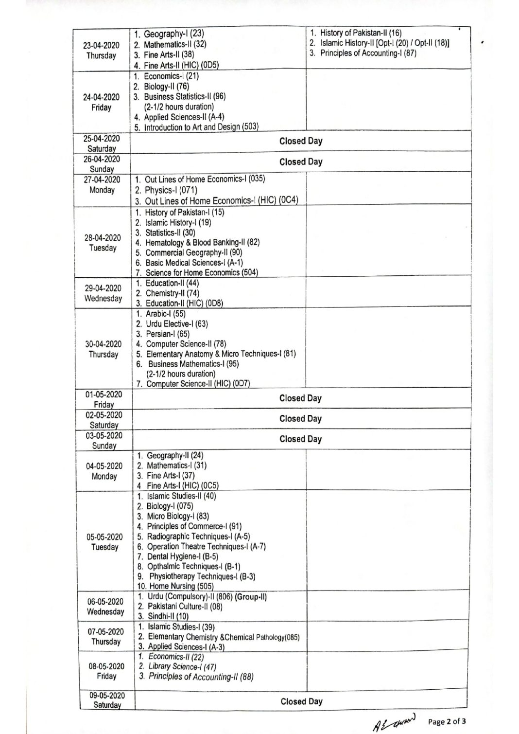 Date Sheet For FBISE HSSC Annual Examination 2020 date-sheet-for-fbise-hssc-annual-examination-2020