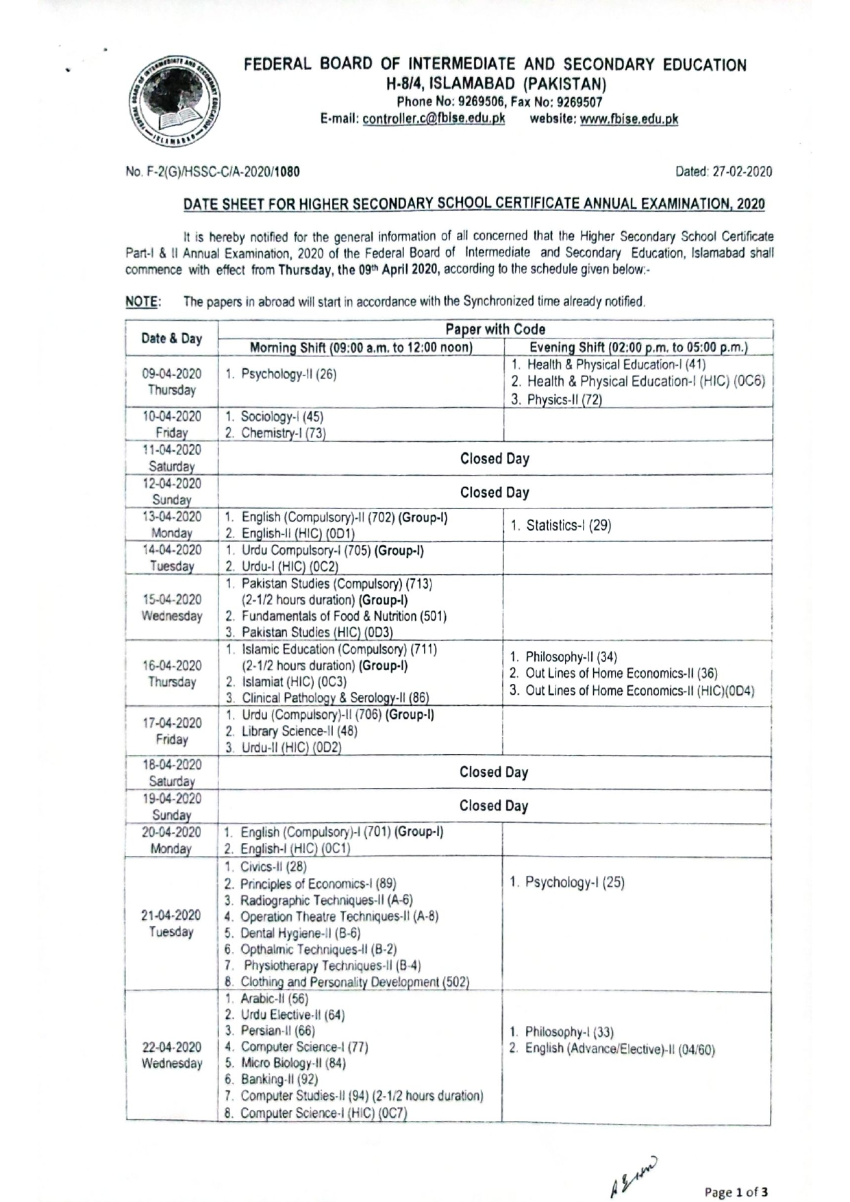 Date Sheet for FBISE HSSC Annual Examination 2020