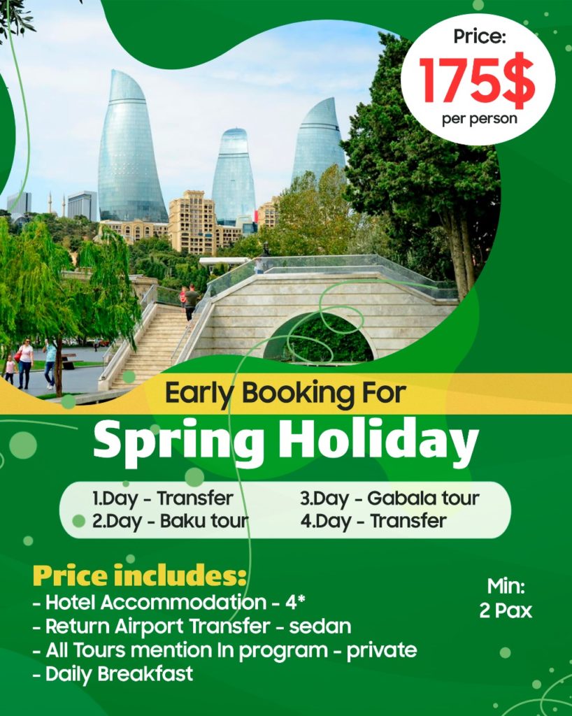 BAKU SPRING PACKAGE  If you are planning to visit Baku, I suggest you stop managing everything on your own and book yourself a package for once. Though I am the biggest advocate of planning if you have got yourself everything pre-planned and that too on a budget, why would you put yourself through a hassle?  This is why here I am suggesting a perfect Baku spring package for you.  What Does It Include?  If you want to opt for this five-day Baku tour package, you should be aware of what all it offers and what it won’t. You have got ample free spaces in your time so you can go back to places you like or visit the new ones that someone recommended and weren’t included.  The package includes:  Four-star hotel accommodation Return airport transfers in Sedan All tours mentioned in the program guide Daily breakfast