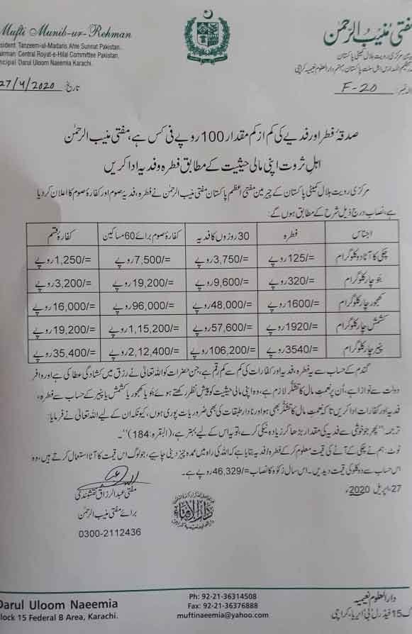 Fitrana 2020 - The minimum Fitrana amount in 2020 has again been fixed as Rs 100 per person in Pakistan, and Muslims are required to pay it before the Eid-ul-Fitr prayer, as per the Chairman of Central Ruet-e-Hilal Committee Mufti Muneeb-ur-Rehman. Fitrana or Sadqa-e-Fitr is annually paid by Muslims in the holy month of Ramazan to the deserving persons. It aims at to rectify the shortcomings an adult Muslim is likely to deal with as he/she tries to fully abide by Allah’s directives in Ramazan and to help the needy people enjoy the Eid. According to Mufti Muneeb-ur-Rehman, the minimum amount of Fitrana needed to be paid in 2020 is Rs 100 per person. With respect to two-kilogram wheat, the Fitrana amount will be Rs 125. Likewise, it will be Rs 320 with respect to four-kilogram barley, Rs 1,600 with respect to four-kilogram dates, and Rs 1,920 with respect to four-kilogram raisins. In 2020, the 'Nisab for Zakat' has officially been fixed as Rs 46,329. The Eid-ul-Fitr is most likely to fall in 2020 on May 25 (Monday) in Pakistan. 