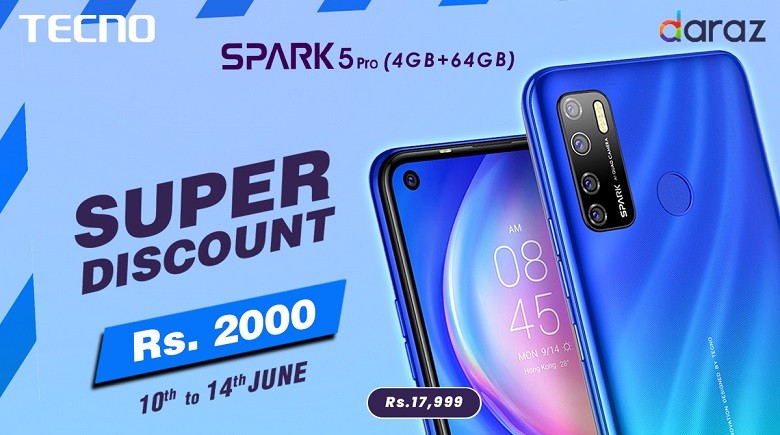 Spark 5 Pro - TECNO has partnered with DARAZ, the best online shopping store of Pakistan, for the incredible Mobile Week, “Mobile’Athon” starting from June 15-21, 2020. TECNO would be offering massive discount vouchers, sales and countdown deals in that week on Daraz. To create hype for this incredible partnership, TECNO is offering a great deal to the customers from June 10-14 on the premium series of SPARK 5 Pro. Customers who purchase Spark 5 Pro (4+64 GB) in this timeline, could avail Rs 2,000 discount voucher and could get the premium SPARK 5 Pro only for Rs 17,999 whose original price is Rs 19,999. The company will mass produce 1,000 units, for the pre-hype discount sale event. Spark 5 Pro is the upgraded edition of TECNO and has two unique versions. The other version comes with (4+128 GB) memory, available for Rs 21,499. This series consists of Five cameras giving you more angles for high-detailed photography and are equipped with fine rear-mounted fingerprint sensor, 5000mAh battery and 4G connectivity. The two variants of this edition consist of 13+2(macro)+2(depth) MPs, front camera of 8MPs and 16+4 MPs AI Quad and 8MP AI Selfie camera, respectively. The generated review-reports show massive appraisal of tech-enthusiasts and TECNO fanbase on Spark 5 Pro launch. TECNO’s quintet-camera handset has become the new talk of the town and now with this incredible pre-hype sale discount, the brand has infused much excitement in the consumers for the bumper “Mobile’Athon.” Stay tuned with TECNO’s official Facebook page for more updates and do not miss a chance to avail this exciting, limited pre-discount offer.