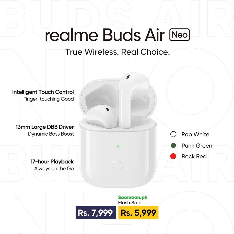 realme Buds Air Neo - The realme Buds Air Neo priced at Rs 7,999 is powered by the proprietary R1 chipset that was originally available on the realme Buds Air Neo. The chipset enables a seamless wireless audio experience with the latency rate of 119.2ms when using a super low latency mode. To give some perspective, last year's Buds Air had a latency rate of 243.8ms that could be dropped to 119.3ms when using a gaming mode. realme has provided a 13mm driver with LCP multi-layer composite diaphragm. The Buds Air Neo also have a Dynamic Bass Boost solution to deliver an enhanced bass experience. Further, the earbuds come with Bluetooth 5.0 connectivity. There is support for the Google Fast Pair protocol. The earbuds can also be paired automatically once the case cover is opened. The realme Buds Air Neo come with touch controls. This means that you'll be able to play or pause a track by double tapping on the earbuds or triple tap to skip to the next track. Further, the earbuds have a microphone for noise cancellation. On the battery part, the realme Buds Air Neo earbuds deliver up to three hours of continuous music playback on a single charge. The charging case offer up to 17 hours of battery life. The case has a Micro-USB port for charging. Each earbud of the realme Buds Air Neo weighs 4.1 grams while the charging case weighs at 30.5 grams. It will be available in two color options of white and Green. 