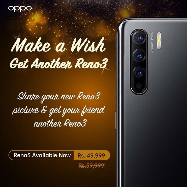 Reno3 - With Eid Ul Azha upon us, OPPO has announced yet another special campaign “Make a wish - Get another Reno3”.  As we become accustomed to the new living conditions, the brand has given an opportunity to its consumers to easily book online in the comfort of their homes.  OPPO believes and encourages users to fully follow the SOPs this Eid Ul Azha so that everyone can stay safe and stay healthy.   The new campaign is an exciting chance for all as there’s more to the new price of OPPO Reno3.  It’s as simple as sharing your picture with your Reno3, and you will have the chance to get your friend another Reno3 for free.  The campaign is an amazing opportunity to send some love to your friend, and what a special Eid gift this could be!  In case you missed it, the OPPO Reno3 is an absolute state of the art smartphone and a steal for the price tag.  The sleek and lustrous design inspired by nature, coupled with the vibrant bezel-less screen sets the Reno3 apart from its competition. The phone also hosts a futuristic fingerprint sensor under the screen.  Moreover, capture your best moments with the dynamic quad-lens 48-megapixel camera setup with digital zoom, ultra-dark mode, and video stability.  In addition, the 4025mAh battery with the remarkable VOOC Flash Charge 3.0 will get you through the entire day and more on a mere 30-minute charge.  You can now recharge faster, and last longer. Even more good news for gamers and movie enthusiasts, the high-resolution Dolby Atmos entertainment speakers, and the multi-cooling system makes these experiences all the better and smoother. Stay home and book online Reno3 on OPPO’s official website (https://www.oppo.com/pk/bookonline/).  Now imagine that you can share all that with your friend.  OPPO can make that happen for you this Eid!  This sensational offer is valid for all new and existing OPPO Reno3 owners.  All you need to do is follow the next 3 steps, and you’ll be on your way for a chance to win this exceptional smartphone from the comfort of your home.  Step 1, share pictures of your Reno3 in the comments section of the link given below.  Step 2, tell us what you love most about the Reno3.  Step 3, tag your friend and keep your fingers crossed and hope your wish comes true!  You and your friend can get the chance to experience this all-in-one smartphone powerhouse together this Eid, even while practicing social distancing. Link: (https://www.facebook.com/PakistanOPPO/)