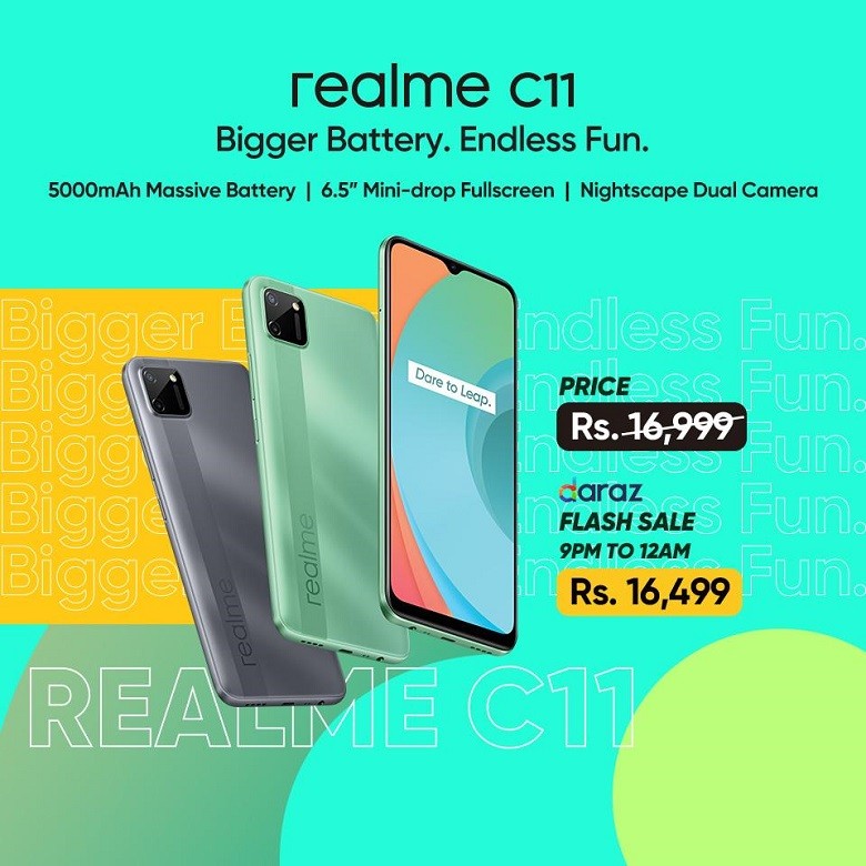 realme C11 - realme Pakistan has revealed its second C series phone in 2020. The realme C11 is an entry-level smartphone. Launching on Monday & will be on Hot Sale Price Rs 16,499 on Daraz from 9 pm to 12 pm. The realme C11 is one of the first smartphones, housed with new MediaTek Helio G35 chipset. The realme C11 is powered by the MediaTek G35 SoC, a chip designed for gaming on budget smartphone. realme C11 The realme C11 is priced at Rs 16,999 with flash sale price for today at 164,999 is introduced in a single 2GB RAM and 32GB storage configuration. However, the device has a dedicated microSD card slot for storage expansion up to 256GB. It is available in two colour options – Mint Green and Pepper Grey. Which will be available for sale by July 23, 2020 Starting with the display of the device, the realme C11 flaunts a 6.52-inch HD+ mini-drop display with a tall 20:9 aspect ratio and a 1,600 x 720 pixel resolution. The display of the device is protected by a Corning Gorilla Glass 3. The device measures 164.4×75.9×9.1mm and weighs in at 196 grams. On its rear is perhaps the most attractive feature of the phone. It has a tidy-looking back panel, one that highlights what realme calls as a Geometric Art Design. The panel also sports a texture that should help users in terms of grip. For the photography enthusiasts out there, the Realme C11 comes with a dual rear camera setup which includes a 13MP primary camera with f/2.2 aperture and a 2MP depth sensor with f/2.4. At the front, the realme C11 sports a 5MP selfie shooter with f/2.4 aperture. The back panel of the device also sports a dual-camera setup, housed in a modern square-like module. Note that the phone is the first one from the brand to wear a new camera layout. The system comprises AI-powered 13MP wide and 2MP depth sensors. Also, there is an LED flash, HDR, and panorama. The realme logo can be seen as well. Other key camera features include portrait mode, chroma boost, “slo-mo” video, and the capability to shoot 1080p videos. Meanwhile, the handset’s selfie snapper features a 5MP wide sensor. On the software side of things, the realme C11 reports the latest Android 10 OS with the company’s in-house realme UI skin baked on top of it. Coming to the battery of the device, the realme C11 boasts a massive 5,000mAh battery, which has scope for 10W charging over a micro USB port.