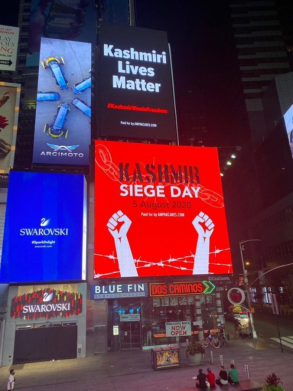 New York’s Times Square - The Coalition against Fascism in India (CAFI) plans to hold a protest at New York’s Times Square on Wednesday against the naked display of fascism against Muslims in Hindu-majority Country especially in the Occupied Jammu and Kashmir wherein millions of people have been subjected to the worst form of oppression for the last one year. The ‘Times Square Protest’ will be held at NASDAQ in Times Square from 06:30 pm to 09:00 pm. Earlier on Monday, just ahead of August 5 which marks the one year of an unprecedented barbarism on innocent Kashmiris by India’s Hindutva regime, large digital billboards at New York’s Times Square lit up with slogans denouncing India’s unilateral illegal actions in Occupied Kashmir. The messages lit up on billboards read “Kashmir Siege Day”, “Kashmiri Lives Matter” and “Kashmiris Want Freedom”. Meanwhile, a top advertising Company ‘Branded Cities’ has refused to run digital advertisements for right-wing Hindu groups planning to display images of Lord Ram and 3D pictures of the upcoming Ram Temple in India’s Ayodhya City on digital billboards in Times Square. The Company also reassured that Branded Cities and NASDAQ oppose the demolition of the Babari Mosque in Ayodhya and will never allow any supremacist groups to run their advertisements.