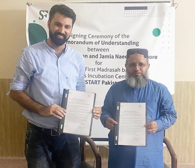 Madrassa-based Business Incubation Center - Jamia Naeemia in Lahore and Islamabad-based Shaoor Foundation for Education and Awareness (SFEA) signed a memorandum of understanding (MoU) to establish Pakistan’s first Madrassa based Business Incubation Center in Lahore.  Pakistan’s first ever state of the art madrassa-based Business Incubation Center will be established at an area of 6500 square feet in the new building of Jamia Naeemia in Mughalpura, Lahore.  The purpose of this initiative would be to serve the cause of economic mainstreaming of the madrassa students and graduates and create more socio-economic opportunities for otherwise marginalized populations.  The incubation center shall provide basic entrepreneurial trainings, incubation facility, mentorship and networking opportunities to madrassa students and graduates.   Moreover, it would serve as a knowledge center for peace and civic education along with enhancement of employability and soft skills. “There have been many discussions about mainstreaming madrassas and their inclusion. In my opinion, preparing students to take entrepreneurial journeys, providing skills to secure jobs and economic opportunities for themselves and others meanwhile inculcating sense of civic and peace education is the best madrassa reform one could think of – and we have taken the first tiny step in the right direction”, said Syed Ali Hameed who’s the executive director of Shaoor Foundation and Islamabad-based serial entrepreneur. “No young person should be left behind because of his or her social backgrounds, religious affiliation or gender – this incubation center would be inclusive in all domains”, he further said.   “Madrassas are meant to impart Islamic education to the students and make them effective part of the society. Providing them economic opportunities would not only empower the young people who do not get opportunities otherwise but also prepare a pool of responsible citizens contributing in country’s economy. Young men and women need society’s patronage and we must do everything in our capacities to provide them so” said Dr. Allama Raghib Hussain Naeemi, Principal Jamia Naeemia.  Shaoor Foundation aspires to strengthen the process of socio-economic development and empowerment of the disadvantaged sections of the society at the grassroots level, especially women and youth.  Jamia Naeemia and Jamia Sirajia (female branch of Jamia Naeemia) have male and female students from across Pakistan and have associated madrassas as well besides being based in Provincial Capital.  The inclusion of Jamia Naeemia and Jamia Sirajia within the entrepreneurial ecosystem of Pakistan would start a new era for madrassas.