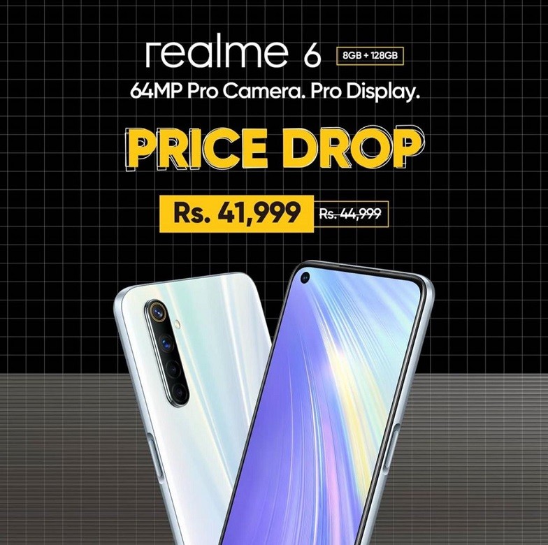 realme 6 - Want an affordable smartphone with a fast refresh rate display? Realme Pakistan is offering the realme 6 for only Rs 41,999. With this price realme 6 is the most affordable 90Hz display smartphone in Pakistan. This price offers is for the model that comes with 8GB RAM and 128GB of storage. The realme 6 has pretty high end features for the price the company is asking for. Its standout feature is the 6.5 inch 2400 x 1080p 90hz display which will feel “smoother” than traditional 60hz panels. It has a healthy 8GB of RAM and 128GB of internal storage which is plenty. It is powered by the Mediatek Helios G90T SoC which is a high end Mediatek CPU. Additionally, it has a huge 4300mAh battery which can be charged quite fast with the 30W flash charge. realme 6 Display and Processor: realme 6 mobile phone features a 6.50-inch capacitive touchscreen that has a resolution of 1080x2400 pixels with a 90Hz refresh rate. The phone has a glass front with Gorilla Glass 3 protection, plastic back, and plastic frame. Besides, the smartphone is equipped with a 2.05GHz octa-core MediaTek Helio G90T processor that lets you multitask and access different apps at the same time without any interruptions and give you a smooth experience. realme Camera Specifications: If we talk about optics, realme 6 comes with a quad-camera setup on the rear with different features like autofocus, LED flash, HDR, and panorama. There is a 64 MP primary camera with f/1.8 aperture; an 8 MP ultrawide angle lens with f/2.3 aperture, a 2 MP macro lens with f/2.4 aperture, and a 2 MP depth shooter with f/2.4 aperture. On the front, the mobile features a 16 MP camera with f/2.0 aperture to click stunning selfies. Features on the front camera setup include HDR and panorama. realme 6 Battery and Operating System: The smartphone from the brand runs realme UI based on Android 10. Also, it houses a decent 4300 mAh non-removable battery with a 30W flash charge support. The smartphone can be fully charged in 60 minutes. realme 6 Connectivity Options and Sensors: Realme 6 comes with various connectivity options such as 4G, 3G, 2G, Wi-Fi 802.11, a/ac/b/g/n/n 5GHz, Mobile Hotspot, Bluetooth, GPS, FM Radio, and USB Type-C. Moreover, sensors on the smartphone include a fingerprint sensor, gyroscope, proximity sensor, compass/magnetometer, accelerometer, and ambient light sensor.