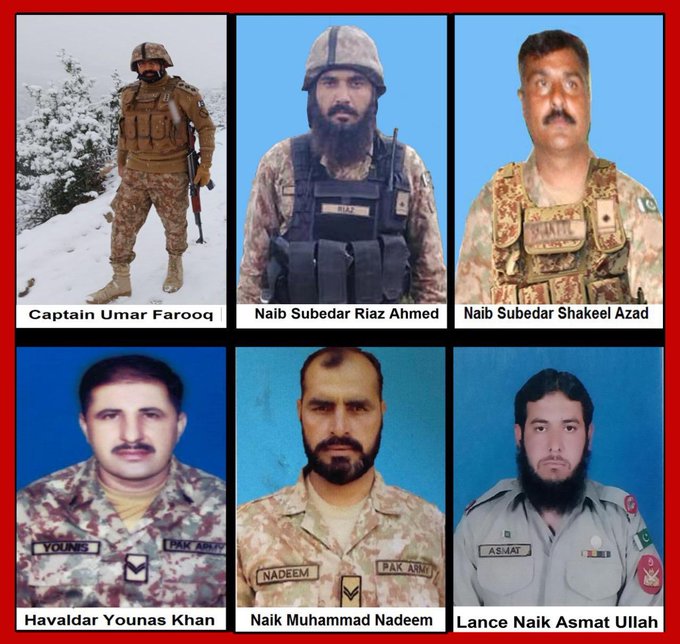 Pakistan army soldiers - As many as 12 Pakistan army soldiers embraced martyrdom on Thursday in two separate terrorist attacks near Gwadar and North Waziristan tribal district, according to the Inter Services Public Relations (ISPR). Earlier in the day, six Frontier Constabulary (FC) personnel were martyred in a terror attack near Gwadar. Later in another incident, a convoy of security forces was targeted by terrorists using an improvised explosive device (IED) near Razmak area of North Waziristan. Resultantly, one Pakistan army officer and five soldiers embraced martyrdom (Shahadat). The martyred soldiers in North Waziristan attack included 24-year-old Captain Umar Farooq, 37-year-old Naib Subedar Riaz Ahmed, 44-year-old Naib Subedar Shakeel Azad, 36-year-old Havaldar Younas Khan, 37-year-old Naik Muhammad Nadeem, and 30-year-old Lance Naik Asmat Ullah.