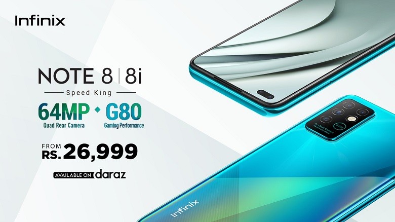 Note 8 - Infinix the leading smartphone brand of Pakistan has now opened up pre-orders for the highly-anticipated Note 8 Series. The Infinix Note 8 and Note 8i is exclusively available for pre-order from Daraz for Rs 29,999 with a free sports Bluetooth earphones as a gift from Infinix on every pre-order with Note 8. After the successful launch of the Note 7 series earlier this year, the smartphone company bumped up its predecessor's specs to launch this new addition in the Note family. The Note 8 is equipped with 64MP quad-camera set-upa 16 MP Selfie camera and a portrait lens next to it to capture every precious moment anytime, anywhere. Infinix Note 8 series is powered by the MediaTekHelio G80 chipset for smooth gaming experience. The Note 8 Series is equipped with6GB of RAM and 128GB of expandable storage to store more ultra HD quality pictures and videos. Not only this, Note 8 is backed by a 5,200 mAh battery that charges at a super-fast speed of 18W with type-C. The phone runs an Android 10 and has a 6.95″ HD+ dual infinity-O displaywith immensely slim bezels to enhance better viewing experience. The second variant from the Note 8 series, the Infinix Note 8i, also powered by the MediaTekHelio G80 chipset. As for the camera set-up, the Note 8i boasts an 8MP primary selfie camera and a quad-camera set-up at the back with a 48MP primary lens. The mid-to-high range Note Series from Infinix has garnered a lot of positive feedback from the consumers, making it one of the best sellers from the smartphone brand. With the pre-orders opening from today, log on to Daraz to book your new device and avail goodies worth Rs 14,00 from Infinix Pakistan.