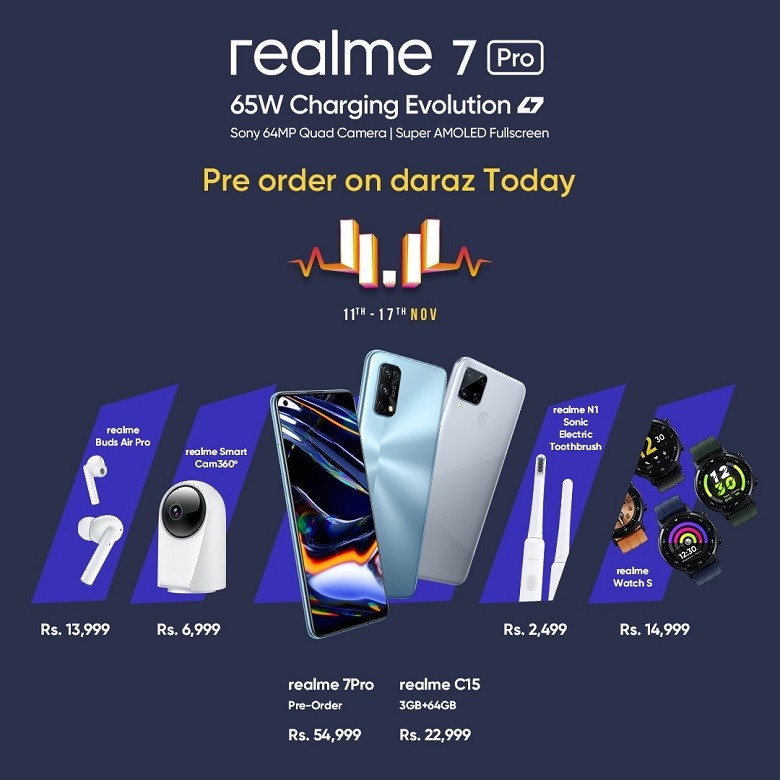 realme 7 Pro - The trendsetting technology company, realme has launched six new products including the realme 7 Pro, the fastest charging phone with 65 W Super Dart Charge at the most affordable price of Rs 54,999. The grand launch event was held on November 2, 2020 at Royal Palm Country Club in Lahore. The star-studded event featuring Imran Abbas, Nimra Khan, Alizey Shah & Anumta Qureshi along with top media brands, and tech industry partners attended the event with great aspiration. realme 7Pro is available for Pre Order now for only Rs 51,999 with free realme Buds 2. The realme 7 Pro with 65W SuperDart Charge charges the phone to 100% in just 34 minutes. It comes with a Qualcomm Snapdragon 720G Mobile Platform and a 6.4-inch (16.3cm) Super AMOLED Fullscreen. The phone has a 64MP Quad Camera with Sony IMX682 sensor and a 32MP In-display Selfie Camera with upgraded 64MP Pro Nightscape Mode to give ultra-Nightscape videos. 7 Pro is the first smartphone passed TÜV Rheinland Smartphone Reliability Verification. Moreover, realme C15 at Rs 22,999 has also been launched with a special snapdragon version and the application of geometric gradient design for the first time. This geometric gradient design achieves a visual effect that is both regular and unpredictable, which is unique in entry level segment. It also features a popularizer mega 6000mAh battery with which one can enjoy non-stop usage. According to the test of realme Lab, realme C15 could last for 57 days in standby mode. A new addition to the smart audio category are the amazing realme buds air pro Rs 13,999. The buds have active noise cancellation ability and are completely water-resistant. They also include the bass boost drivers and intelligent touch control to further facilitate the users with a great and innovative audio experience. realme watch S at Rs. 14,999 is another delightful upgrade to the smart wearables launched Globally for the first time in Pakistan and will be available globally. realme watch S come with a 1.3” touch screen round dial. It is equipped with auto-brightness and 16 sports modes. Its aluminum case, magnetic charging makes it user friendly. realme watch S gives real time heart and oxygen monitor which expands into the smart lifestyle category. Two new products have been added to the home products to category N that are sonic toothbrush N1 and smartcam 360. The launch event went splendid and got a great response from the participants and attendees. The fans and tech fanatics are all eagerly looking forward for the products to land the market in the coming week. Avail the best pre-order deal today.