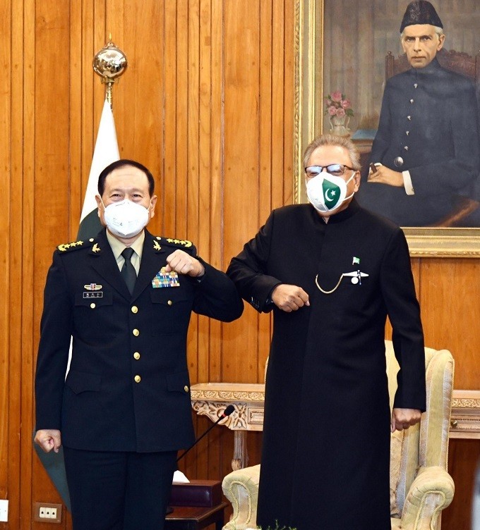 Pakistan's foreign policy - Pakistan and China have reiterated their resolve to further consolidate their friendship for the mutual benefit of the two Countries. In a meeting with the Chinese Minister of National Defence General Wei Fenghe at the Aiwan-e-Sadr in Islamabad on Tuesday, President Dr Arif Alvi welcomed him and said that Pakistan’s friendship with China is the cornerstone of its foreign policy. The president said that Pakistan wants to further improve and cement its ties with China so as to address the security challenges being faced by the region. President Arif Alvi informed the delegation that Pakistan and China are greats friends and Pakistan strongly adhere to One-China Policy and support China on issues of Taiwan, Tibet, Xinjiang, and South China Sea. Dr. Arif Alvi expressed concern over the Indian hegemonic designs that pose a threat to regional peace and stability. The president also highlighted India’s state-sponsorship of terrorism against Pakistan. President Dr. Arif Alvi appreciated the economic progress made by China as well as measures taken by the Chinese government in containing the COVID-19 pandemic. Arif Alvi also lauded the steadfast Chinese support to Pakistan on the Jammu & Kashmir dispute including at International for a. Meanwhile, President Dr. Arif Alvi conferred Nishan-e-Imtiaz (Military) on General Wei Fenghe in recognition of his services for further promoting and strengthen defense cooperation between Pakistan and China.