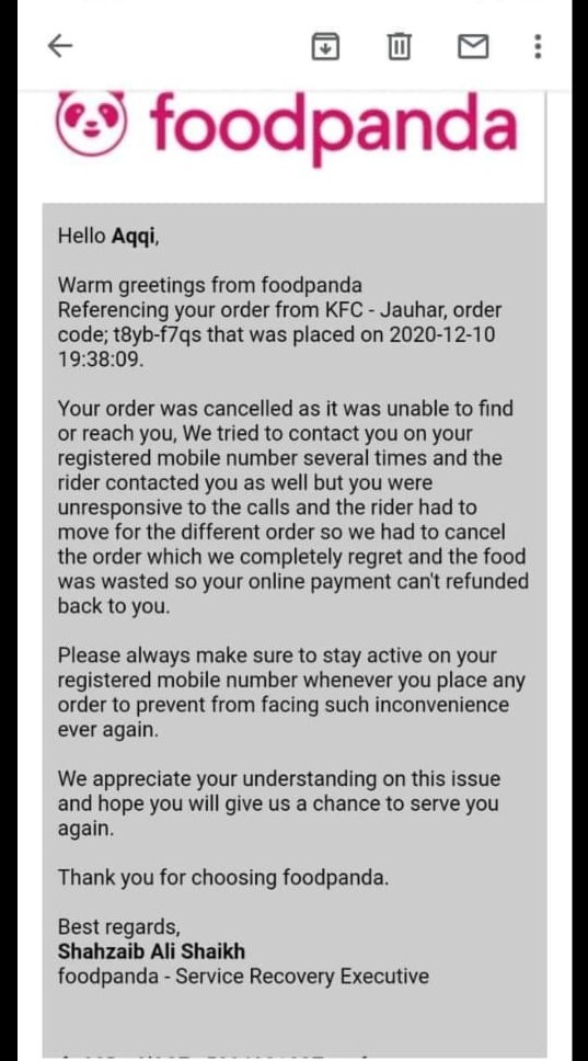 Email by Foodpanda representative