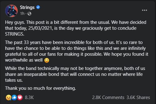 Strings broke up after 33 years