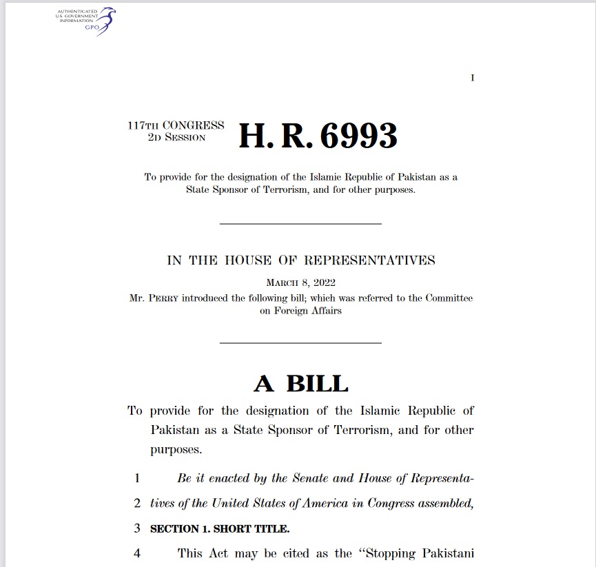 US lawmaker Perry introduces a bill to designation Pakistan as a State Sponsor of Terrorism