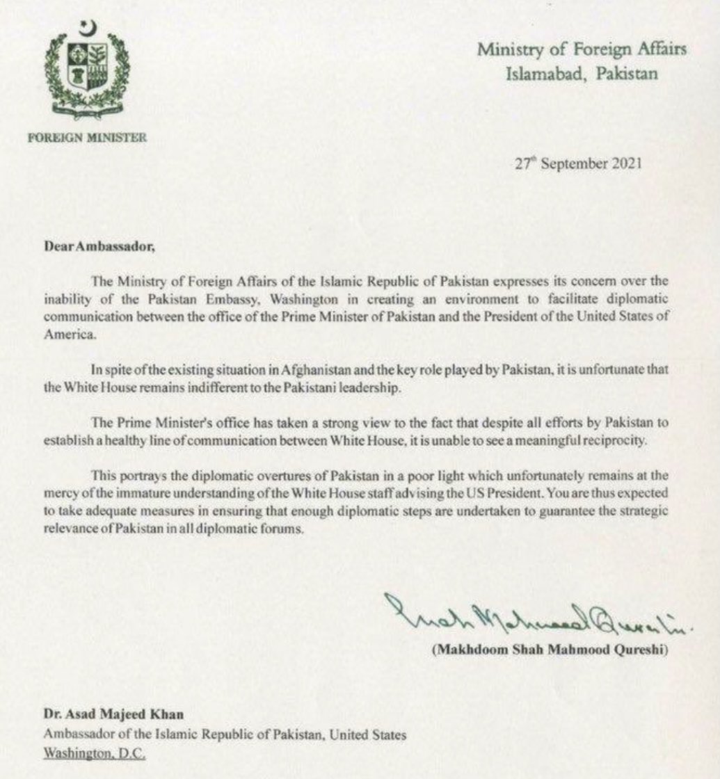 Former FM Qurashi showed desperation to Pakistan’s Embassy when US President Biden did not make a call to Imran Khan
