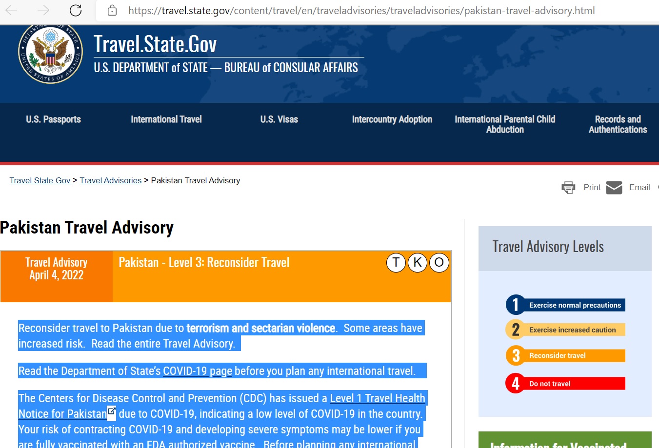 us travel advisory pakistan