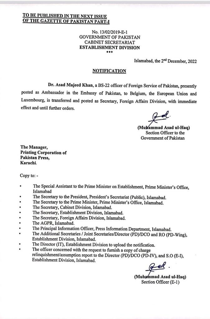 Dr. Asad Majeed Khan appointed Foreign Secretary