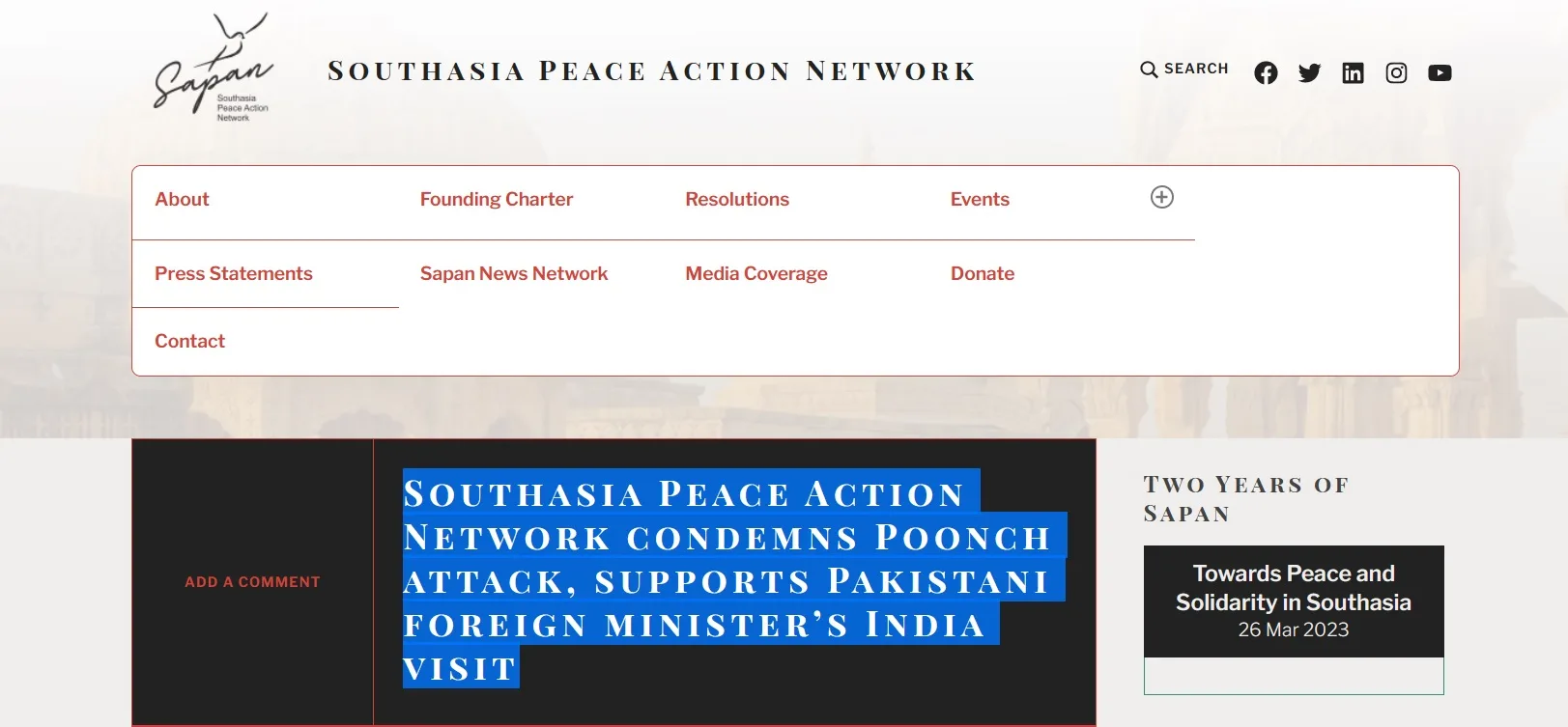 Southasia Peace Action Network supports Pakistani foreign minister’s India visit and condemns Poonch attack