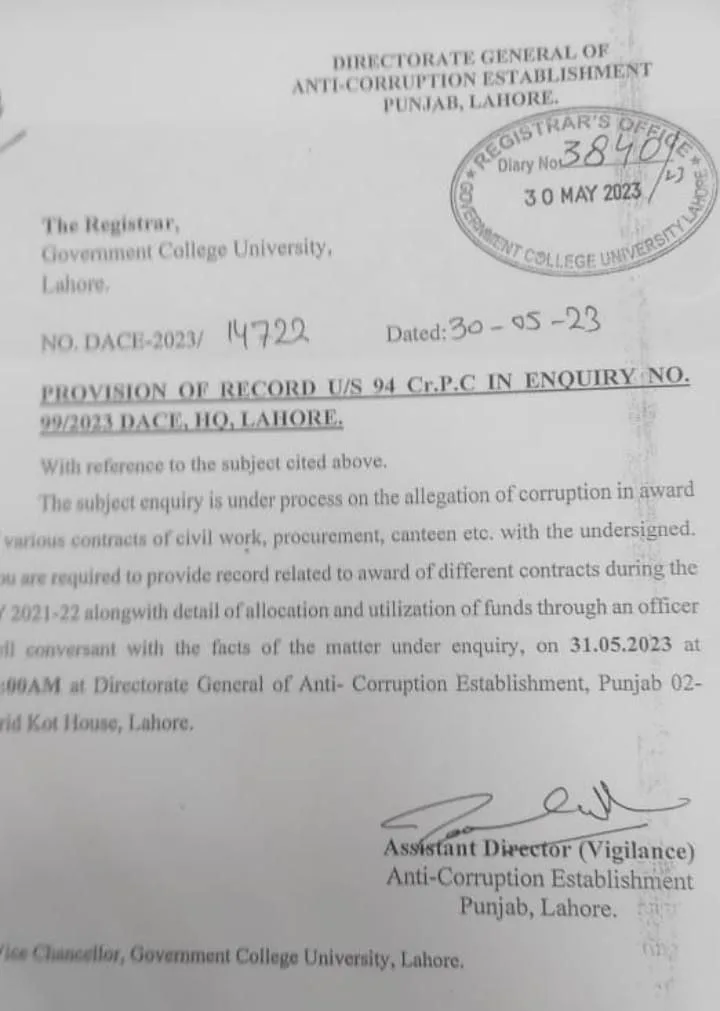 Finally, the Anti-Corruption Establishment (ACE) of Punjab has initiated an inquiry against Government College Lahore University (GCU) Vice Chancellor Dr. Asghar Zaidi although several applications kept pending against him in Higher Education Commission, Islamabad since September 2022