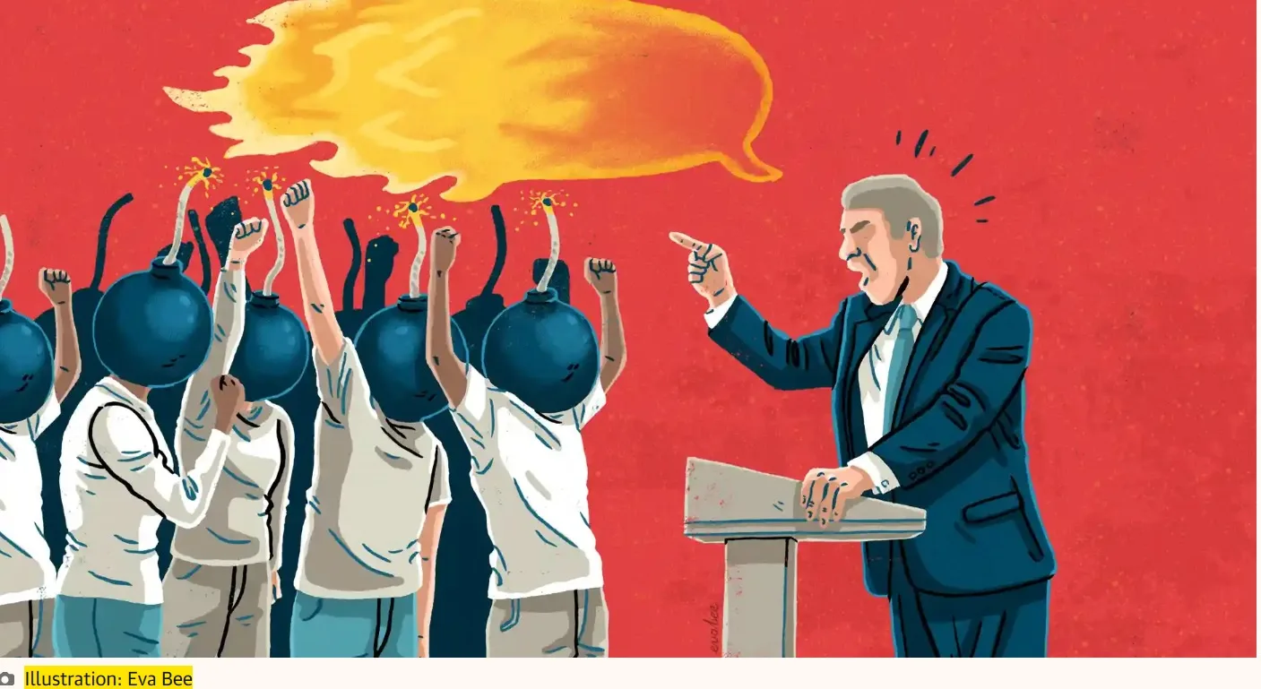 Illustration by Eva Bee and published in Guardian in article titled "Demagogues thrive by whipping up our fury. Here’s how to thwart them" written by George Monbiot