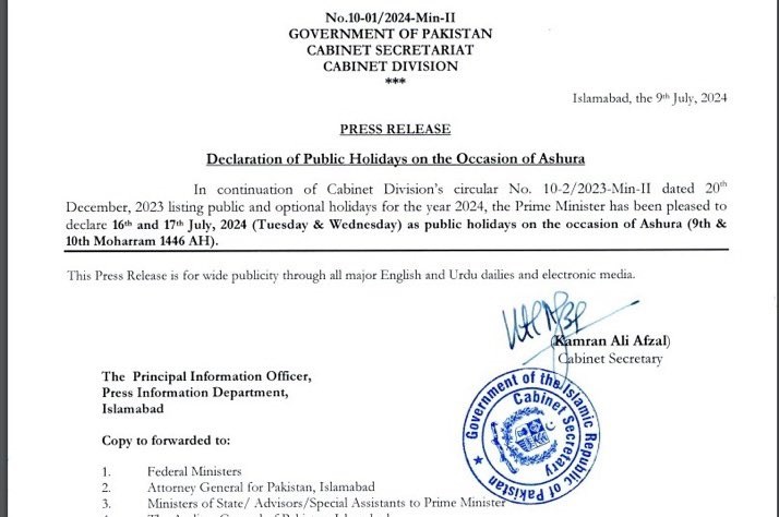 Federal government announces two public holidays on 9th & 10th of Muharram