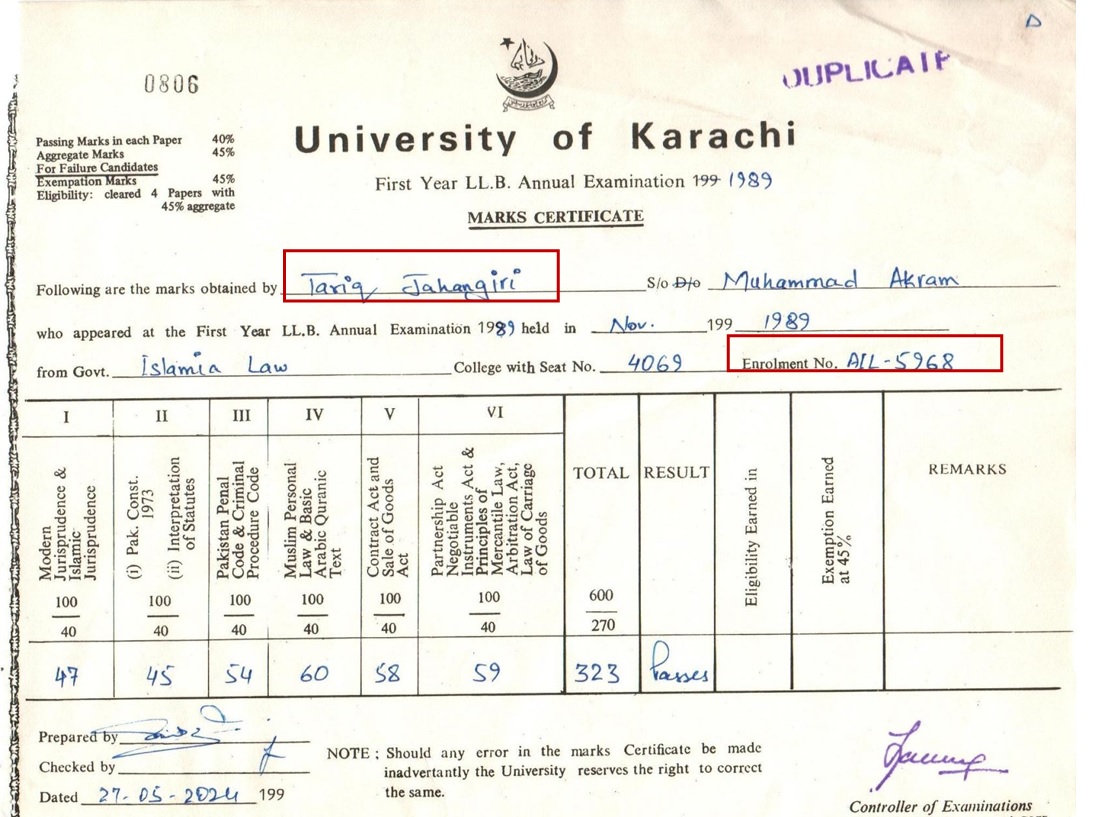 Karachi University declared the LLB degree of Justice Tariq Mehmood Jahangiri is fake