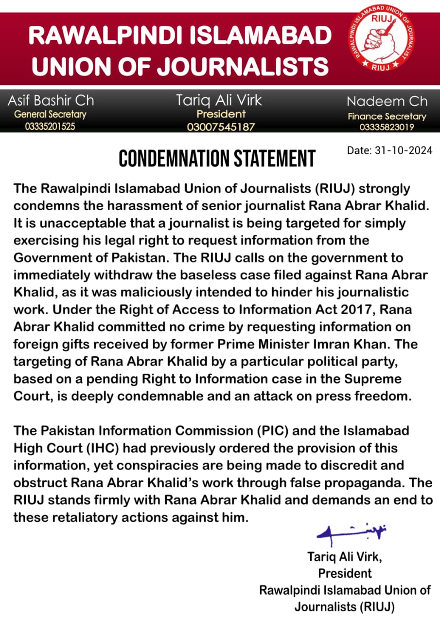 RIUJ demanded protection to journalist Rana Abrar Khalid should be stopped