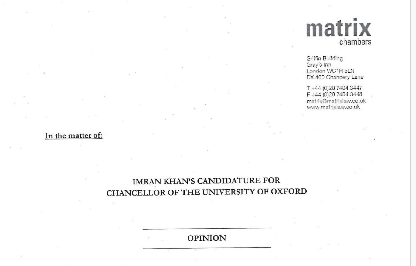 UK’s legal firm Matrix considers Imran Khan illegible for the candidacy of Chancellor of Oxford University