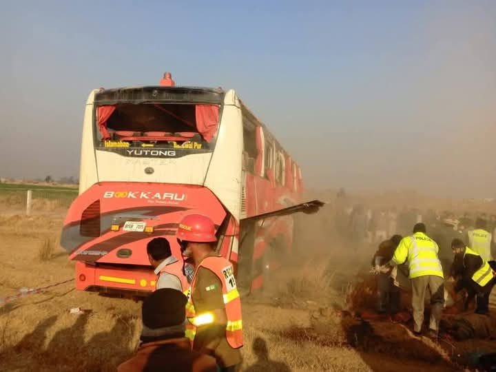 Faisal Movers bus overturned near Fateh Jang Interchange resulting death of 12 passengers