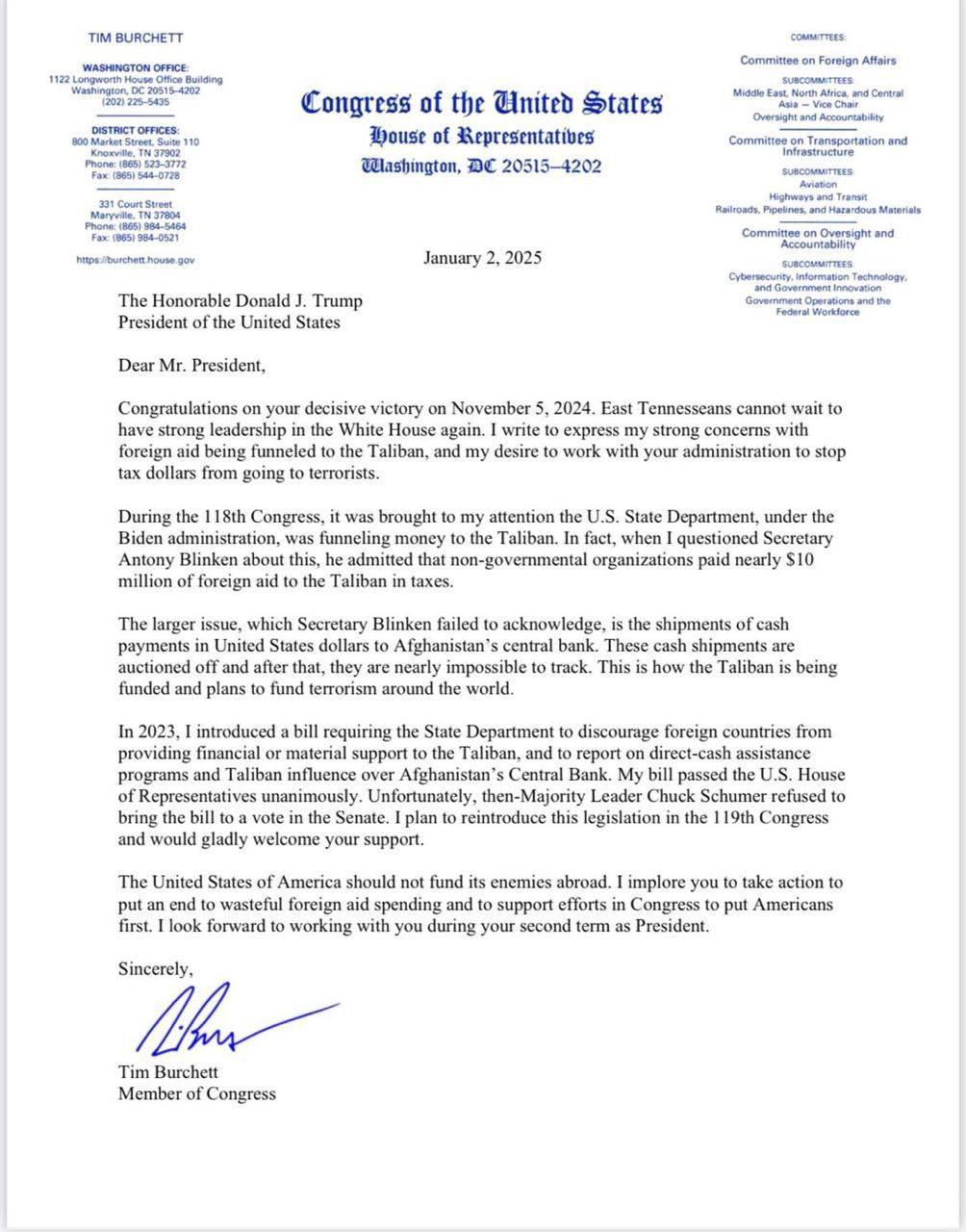 Tim Burchett who is a member of Congress wrote a letter to President elect Donald Trump on January 2, 2025, indicating that he (Tim Burchett) raised the issue in year 2023 but his bill was intercepted 