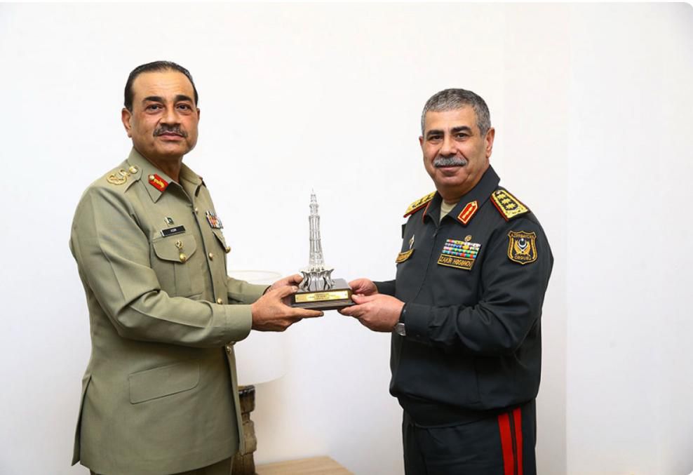 ISPR Rawalpindi, 28 May 2025: Field Marshal Syed Asim Munir, NI (M), Chief of Army Staff (COAS), met with Colonel General Hasanov Zakir Asgar Oglu, Minister of Defence, Azerbaijan, in Lachin, Azerbaijan. During the meeting, the two leaders discussed matters of mutual interest, regional security dynamics, and ways to further enhance defence cooperation between Pakistan and Azerbaijan. The COAS appreciated the strong bilateral relations between the two countries and emphasized Pakistan's commitment to strengthening defence ties with Azerbaijan.