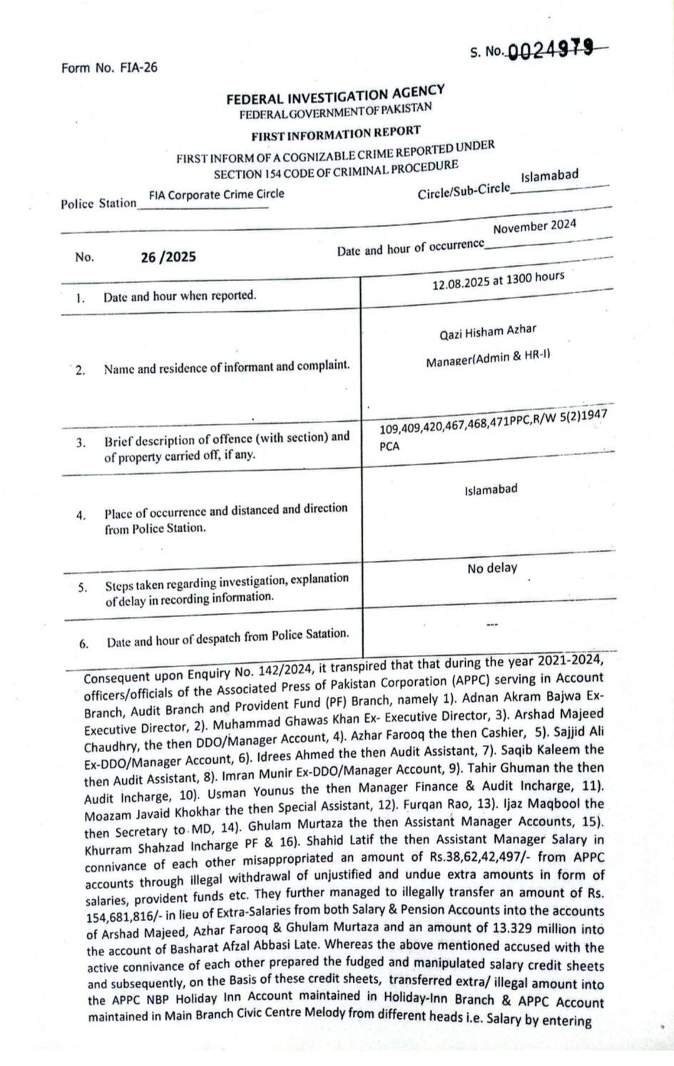 Finally, FIA Registers Case Against Accused in Rs. 1.24 Billion Mega Corruption Scandal in APP News Agency
