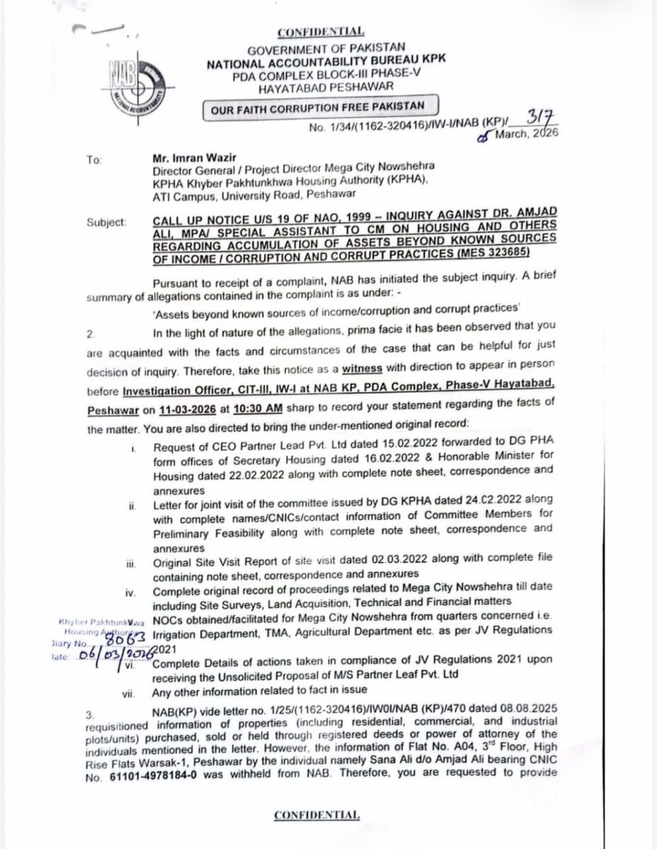NAB expands probe into KP Housing Minister Dr Amjad over Mega City Nowshera Project